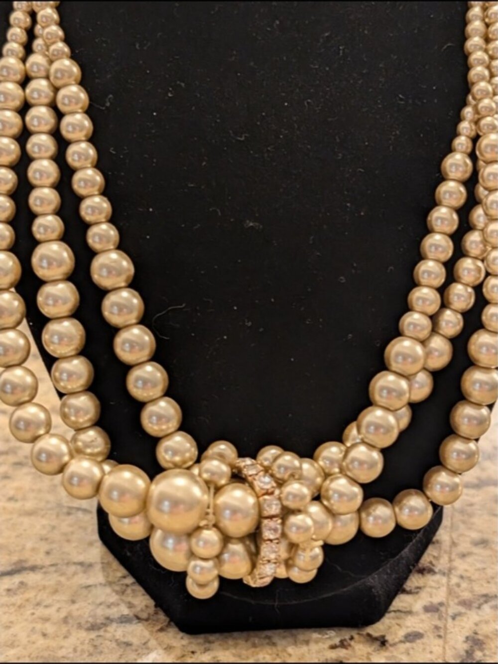 Elegant Gold Pearl Multi-Strand Necklace with Rhinestone Accent
